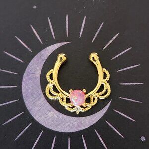 GOLD/PINK Synthetic Opal Faux Septum Clicker Slide-On Nose Ring w/Lace Swirls.